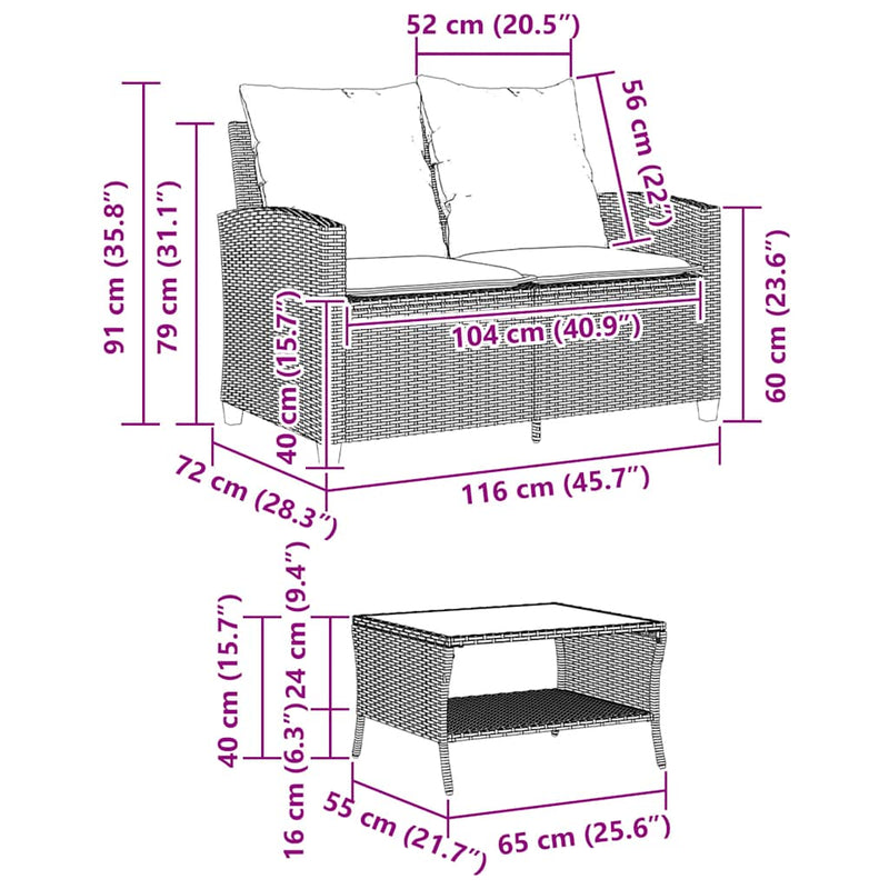 vidaXL Garden Sofa 2-Seater with Cushions&Table Grey Poly Rattan