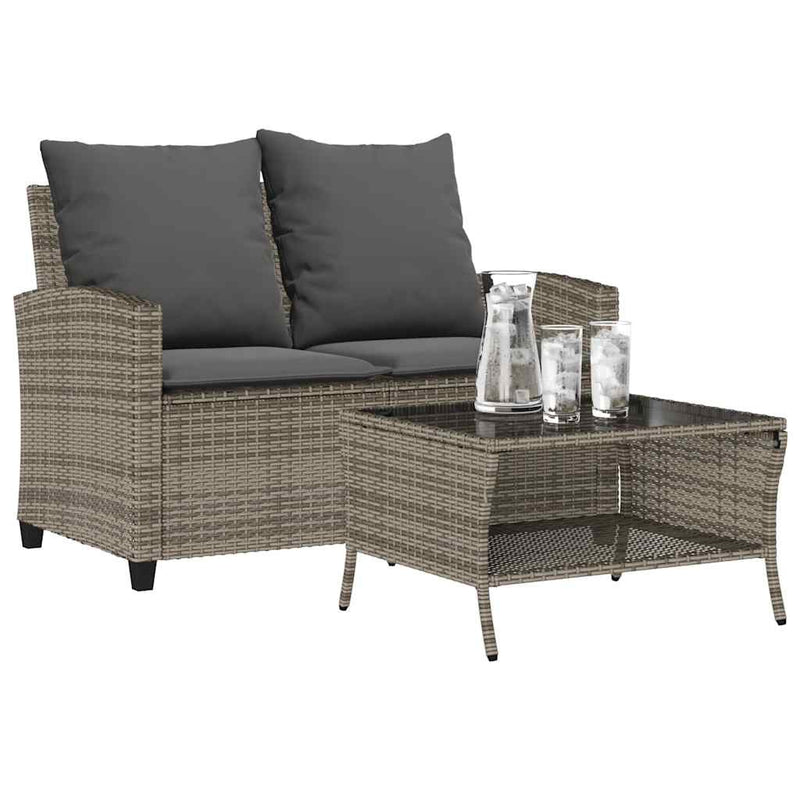 Garden Sofa 2-Seater with Cushions&Table Grey Poly Rattan