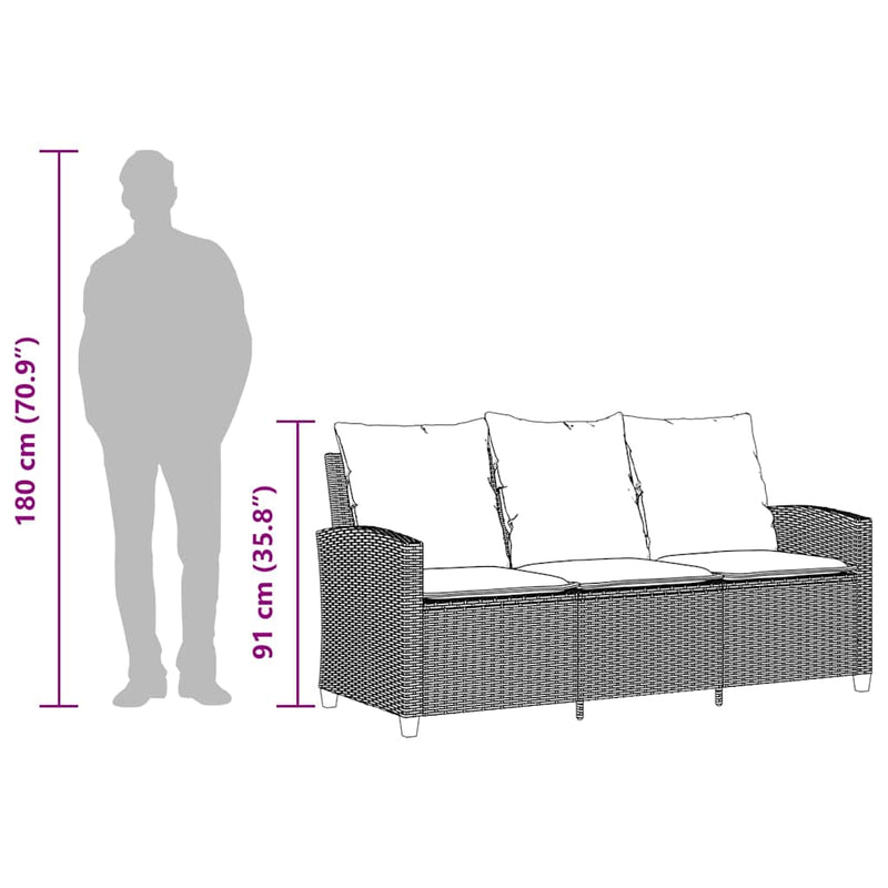 vidaXL Garden Sofa 3-Seater with Cushions&Table Black Poly Rattan