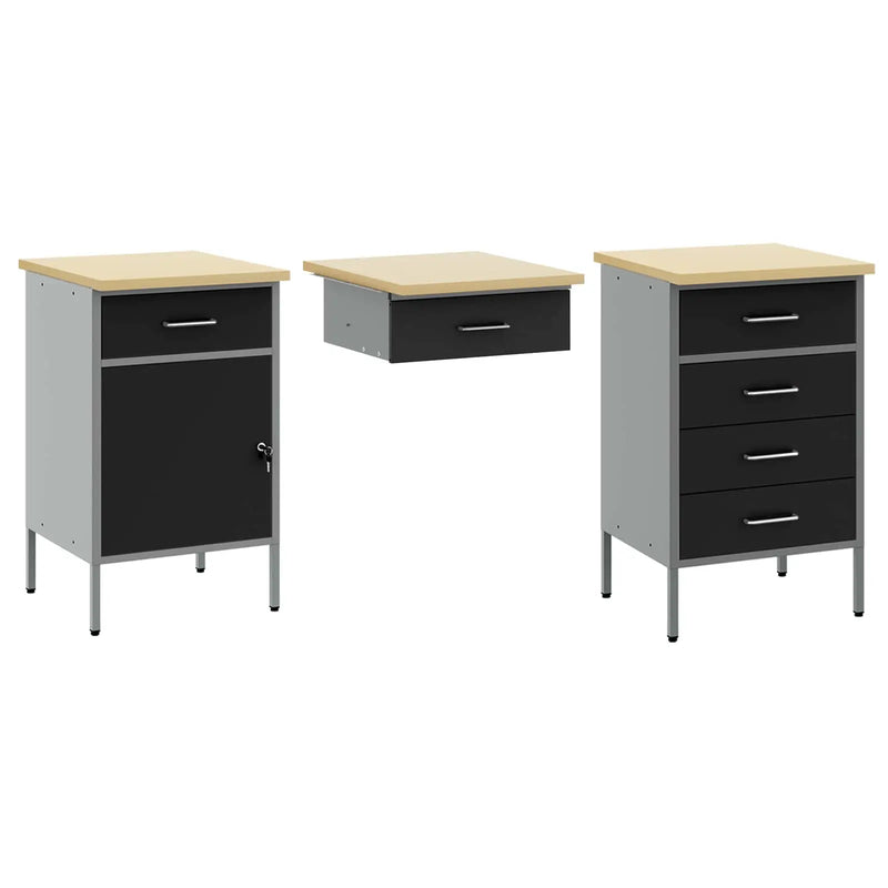 Work Cabinet with Drawer 3 pcs Black Engineered wood and steel