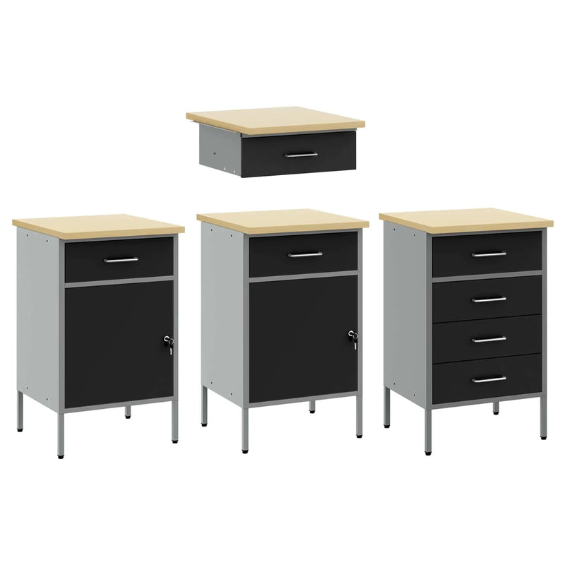 Work Cabinet with Drawer 4 pcs Black Engineered wood and steel
