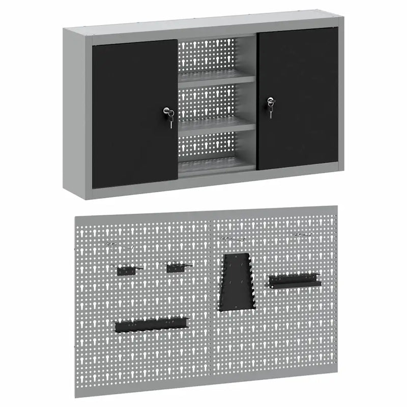 Tool Cabinet Set with Shelf 3 pcs Black Powder-Coated Steel