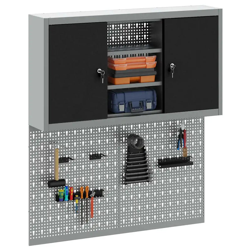 Tool Cabinet Set with Shelf 3 pcs Black Powder-Coated Steel