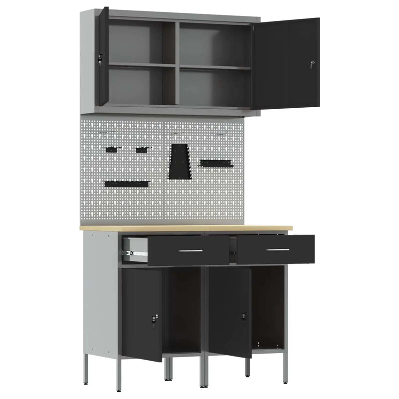 Work Cabinet with Drawer 5 pcs Black Engineered wood and steel