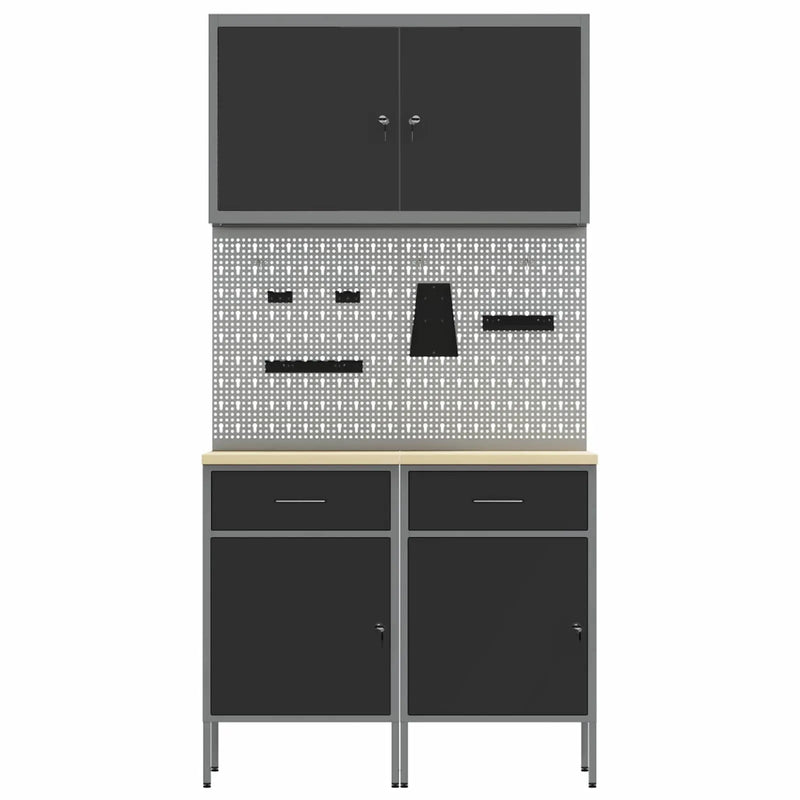 Work Cabinet with Drawer 5 pcs Black Engineered wood and steel