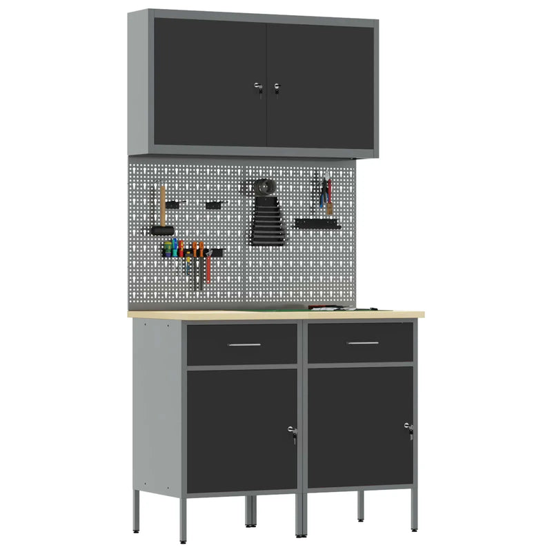 Work Cabinet with Drawer 5 pcs Black Engineered wood and steel