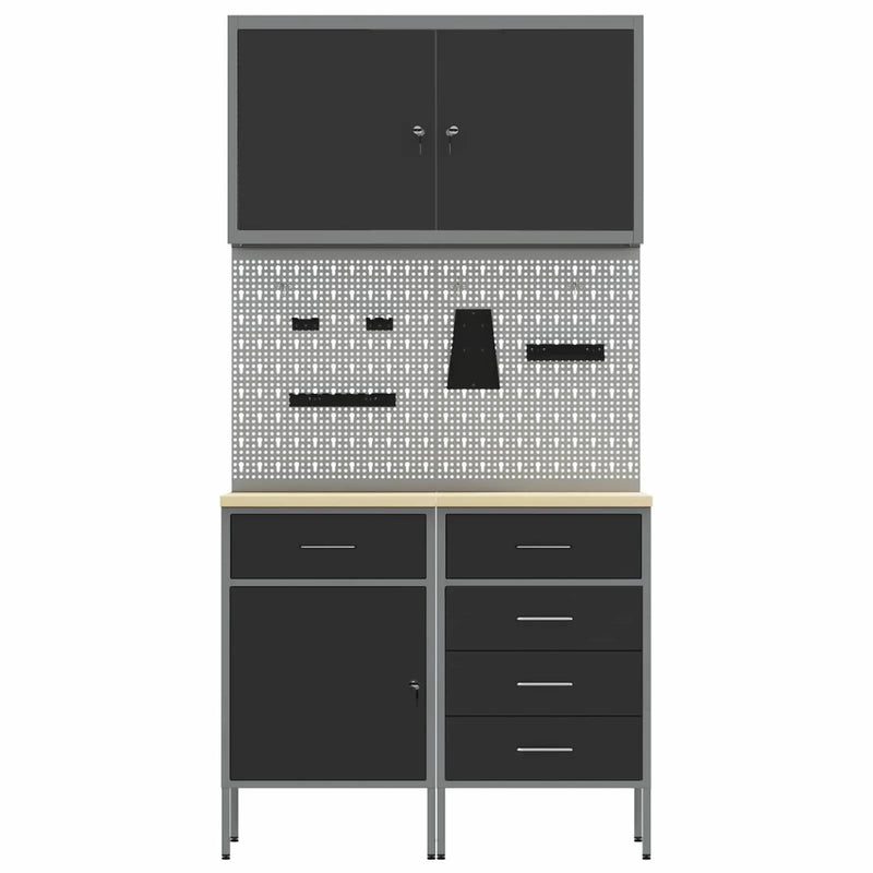 Work Cabinet with Drawer 5 pcs Black Engineered wood and steel