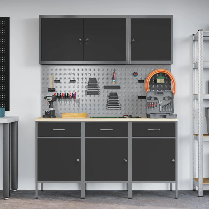 Work Cabinet with Drawer 8 pcs Black Engineered wood and steel
