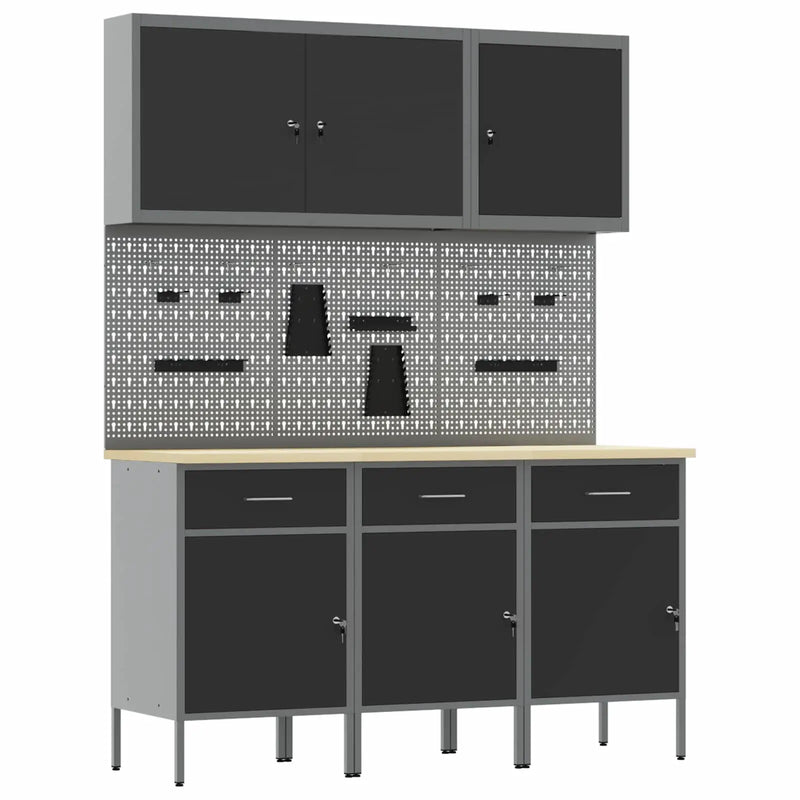 Work Cabinet with Drawer 8 pcs Black Engineered wood and steel