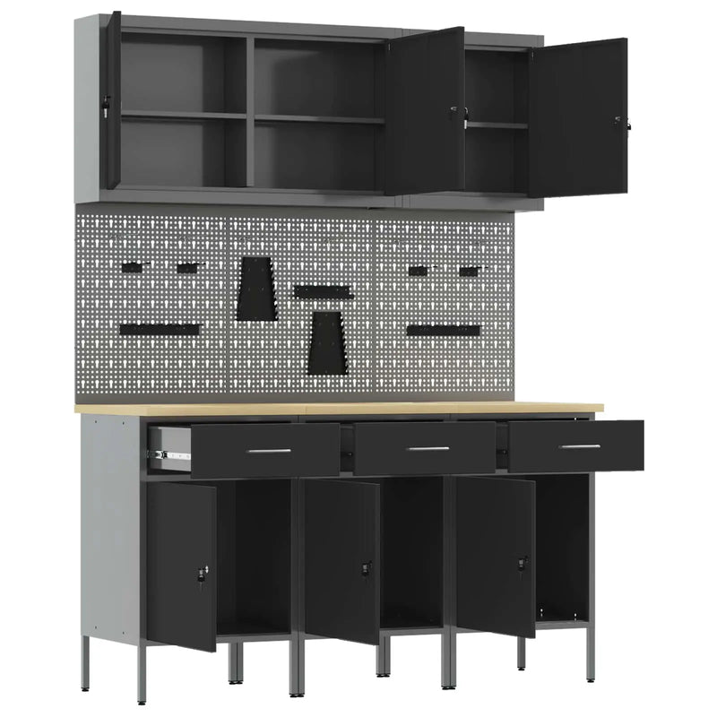 Work Cabinet with Drawer 8 pcs Black Engineered wood and steel