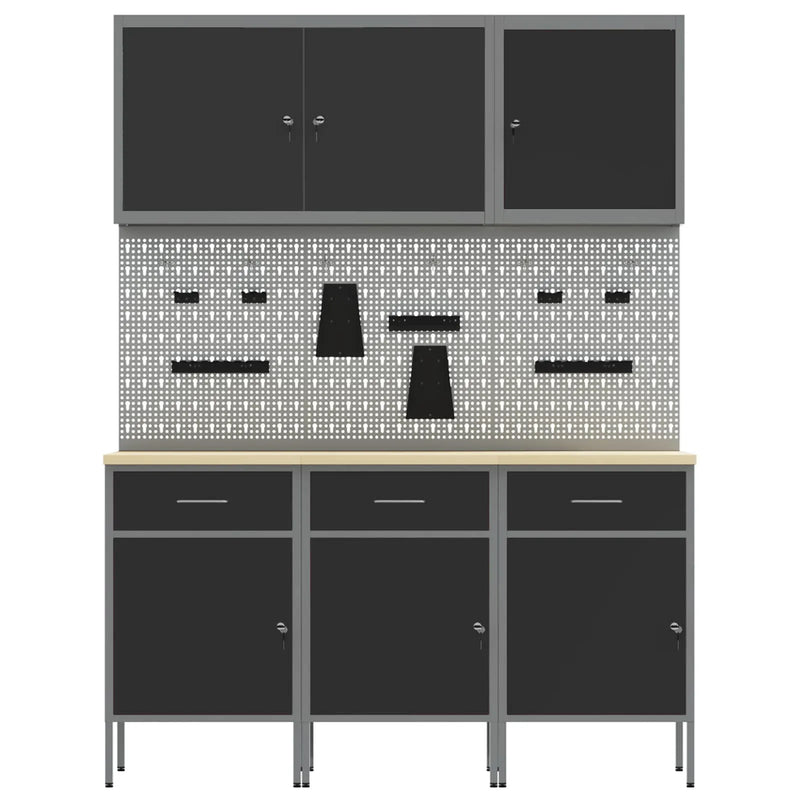 Work Cabinet with Drawer 8 pcs Black Engineered wood and steel