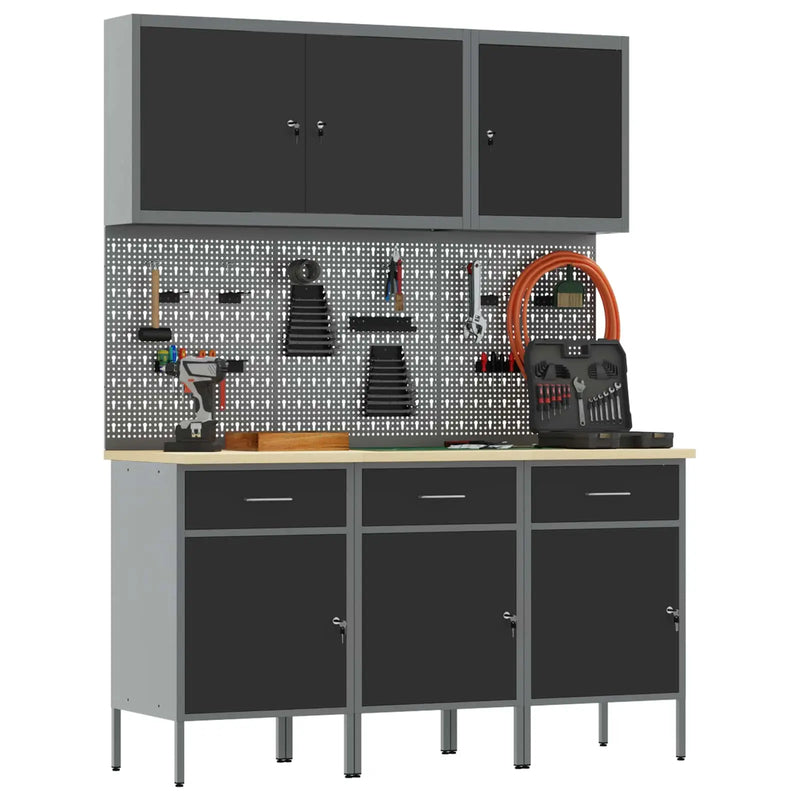 Work Cabinet with Drawer 8 pcs Black Engineered wood and steel