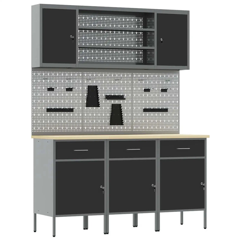 Work Cabinet with Drawer 7 pcs Black Engineered wood and steel