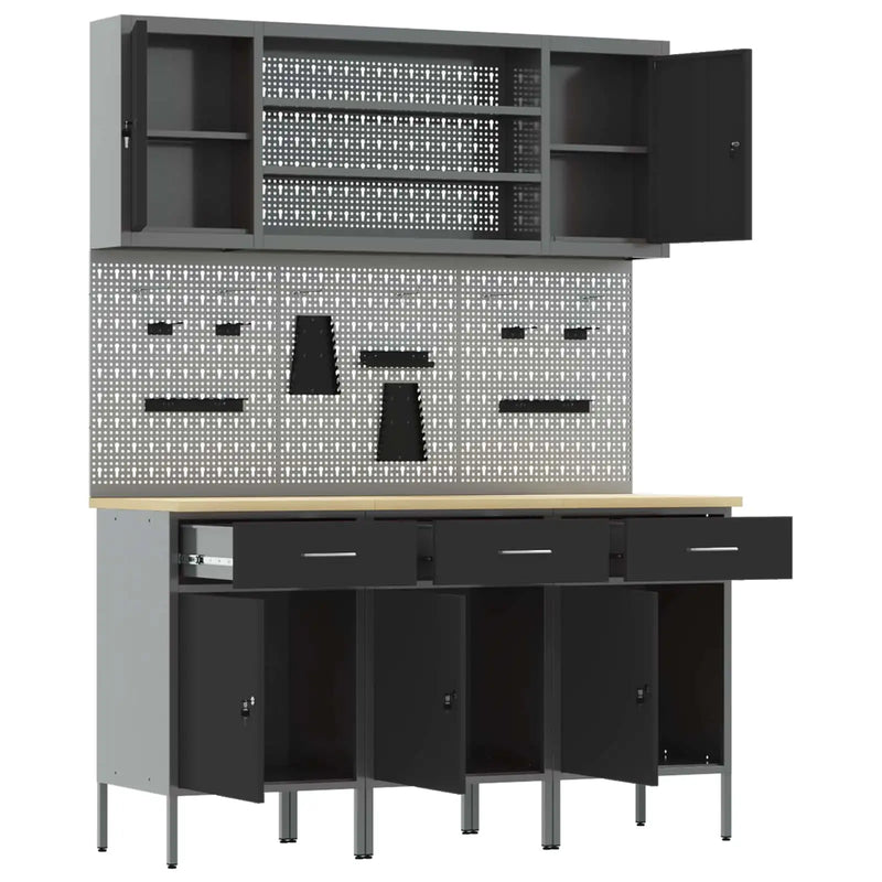 Work Cabinet with Drawer 7 pcs Black Engineered wood and steel