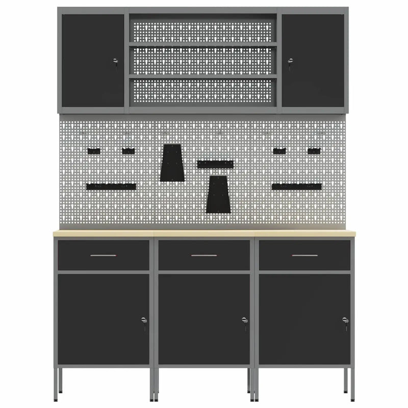 Work Cabinet with Drawer 7 pcs Black Engineered wood and steel