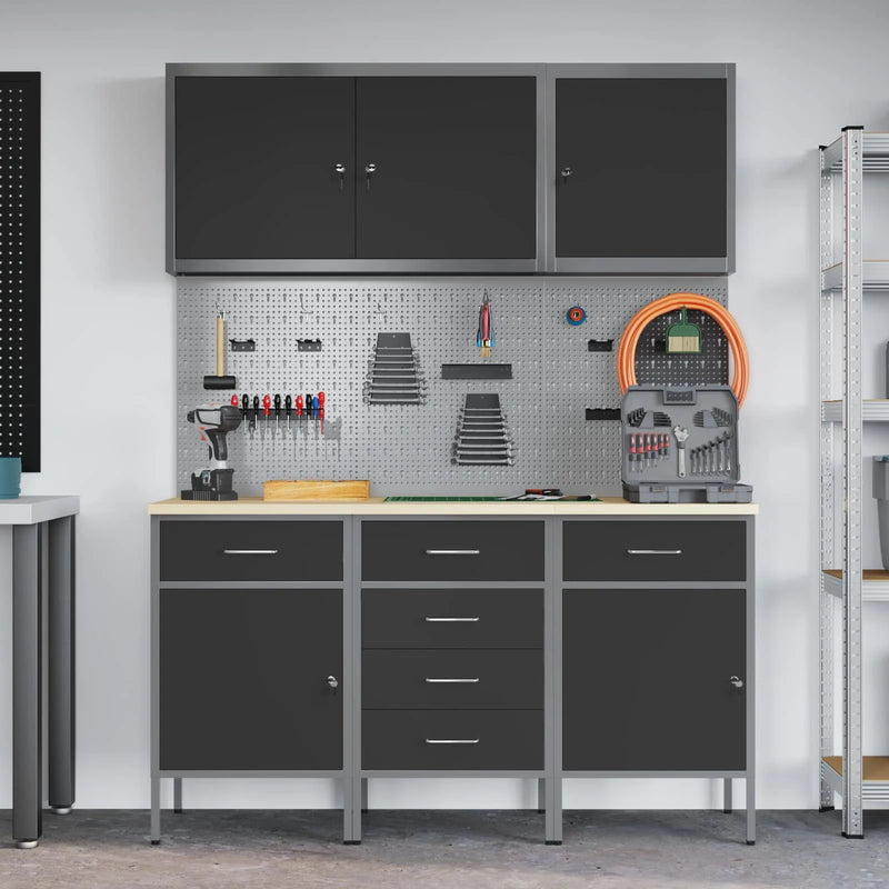 Work Cabinet 8 pcs Black and Grey Engineered wood and steel