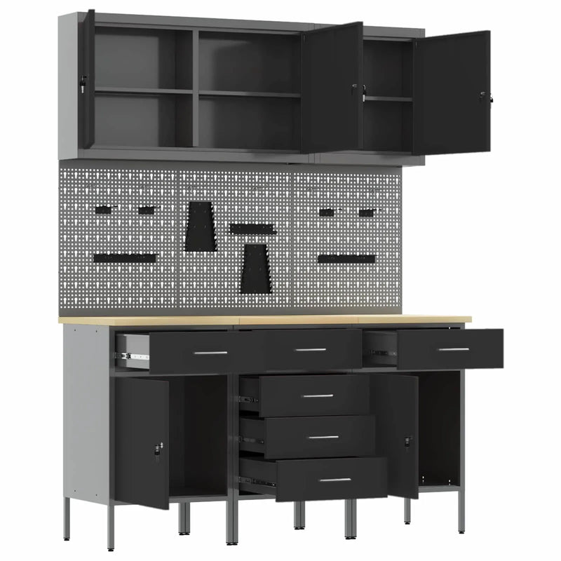 Work Cabinet 8 pcs Black and Grey Engineered wood and steel