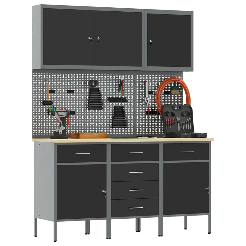 Work Cabinet 8 pcs Black and Grey Engineered wood and steel