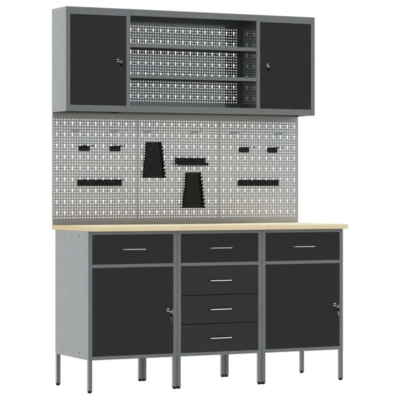 Work Cabinet with Drawer 7 pcs Black Engineered wood and steel