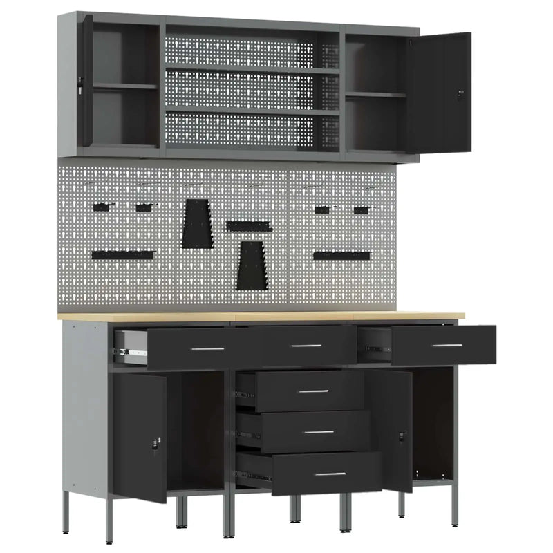Work Cabinet with Drawer 7 pcs Black Engineered wood and steel