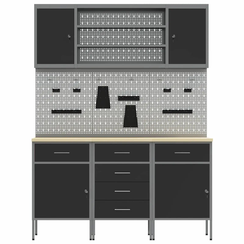 Work Cabinet with Drawer 7 pcs Black Engineered wood and steel