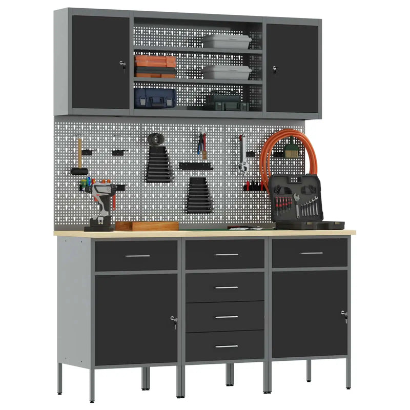 Work Cabinet with Drawer 7 pcs Black Engineered wood and steel