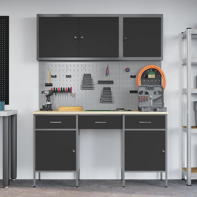 Work Cabinet with Drawer 8 pcs Black Engineered wood and steel