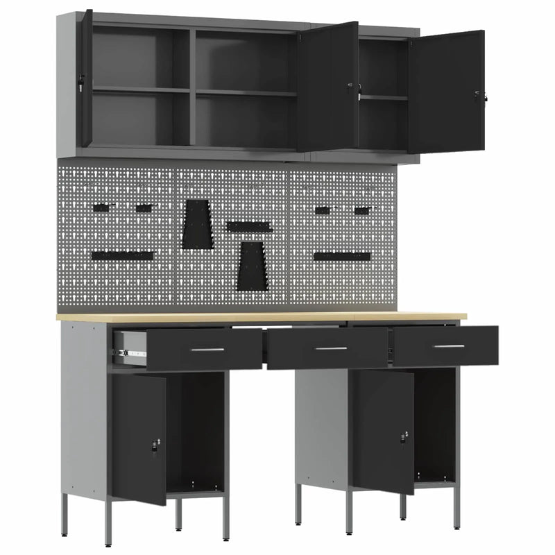 Work Cabinet with Drawer 8 pcs Black Engineered wood and steel