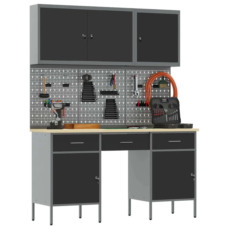 Work Cabinet with Drawer 8 pcs Black Engineered wood and steel