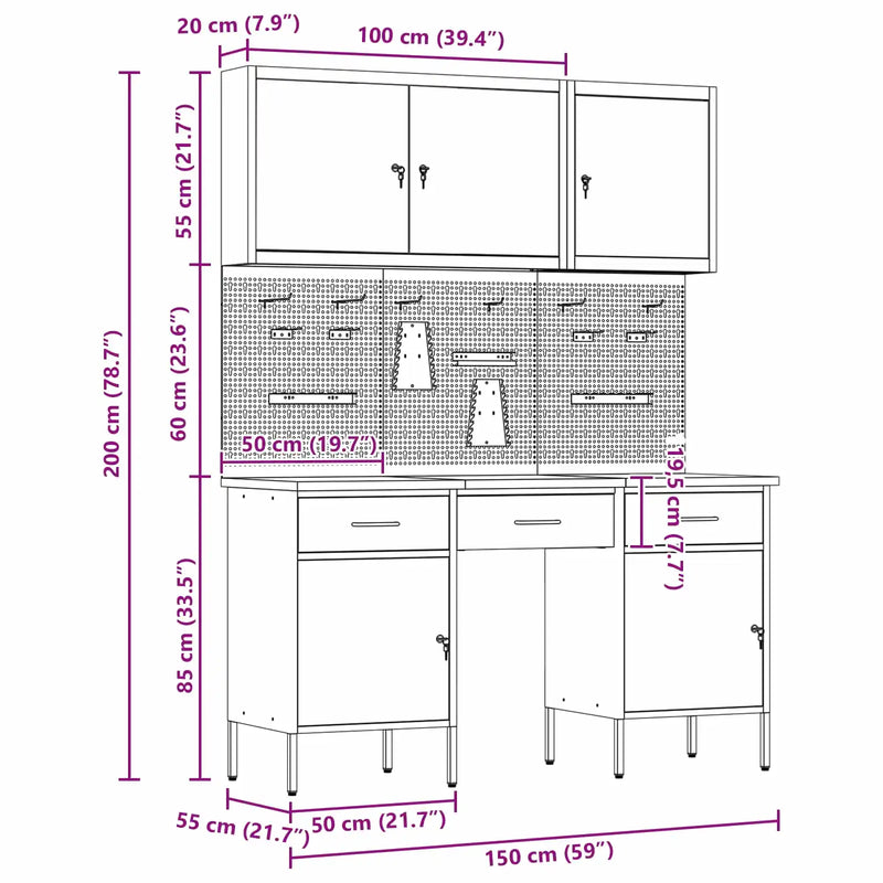 Work Cabinet with Drawer 8 pcs Black Engineered wood and steel
