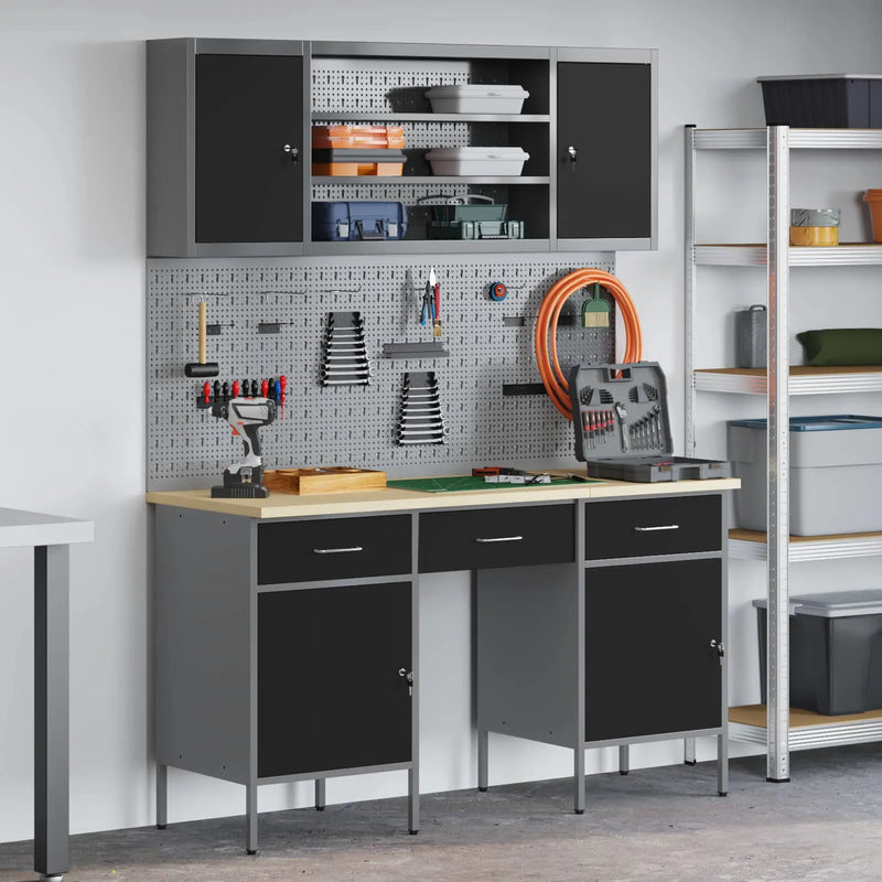 Work Cabinet with Drawer 7 pcs Black Engineered wood and steel