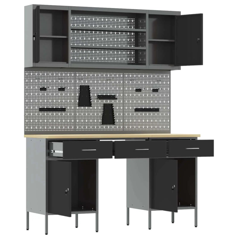 Work Cabinet with Drawer 7 pcs Black Engineered wood and steel