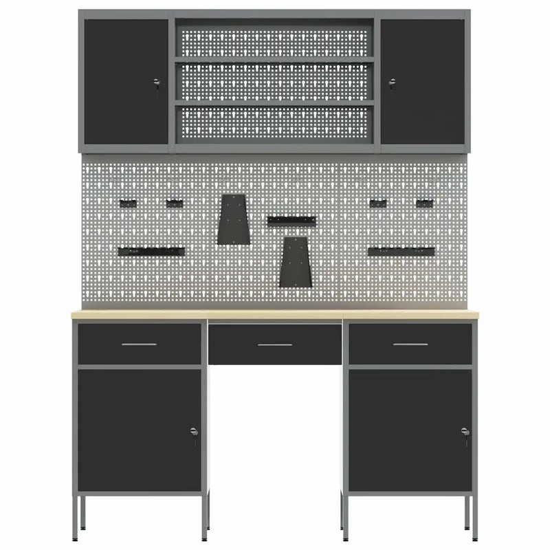 Work Cabinet with Drawer 7 pcs Black Engineered wood and steel