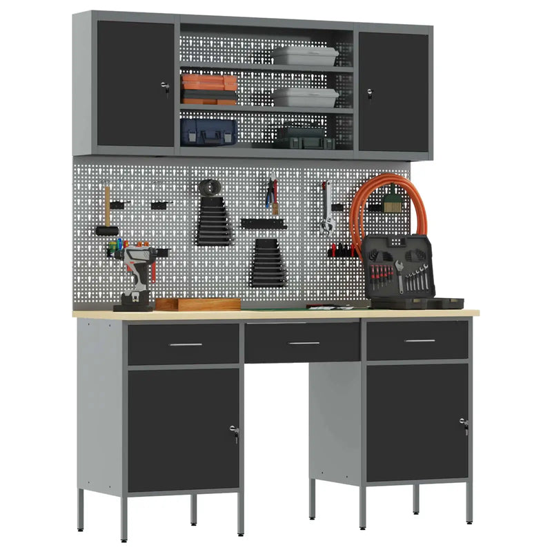 Work Cabinet with Drawer 7 pcs Black Engineered wood and steel