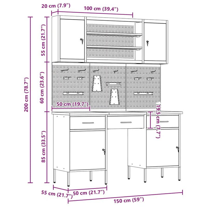 Work Cabinet with Drawer 7 pcs Black Engineered wood and steel