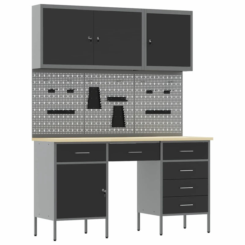 Work Cabinet with Drawer 8 pcs Black Engineered wood and steel