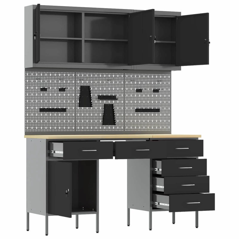 Work Cabinet with Drawer 8 pcs Black Engineered wood and steel