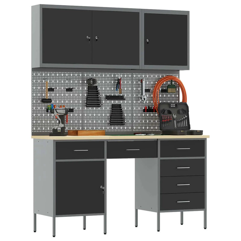Work Cabinet with Drawer 8 pcs Black Engineered wood and steel
