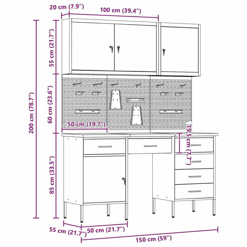 Work Cabinet with Drawer 8 pcs Black Engineered wood and steel