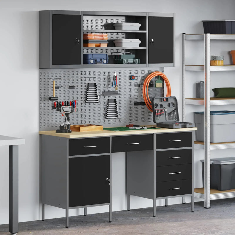 Work Cabinet with Drawer 7 pcs Black Engineered wood and steel
