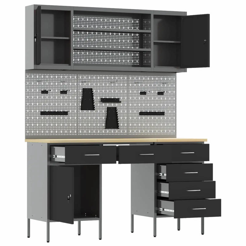 Work Cabinet with Drawer 7 pcs Black Engineered wood and steel