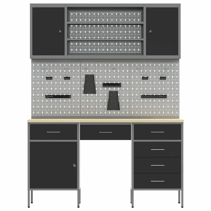 Work Cabinet with Drawer 7 pcs Black Engineered wood and steel