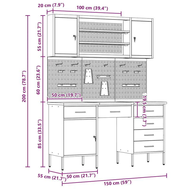 Work Cabinet with Drawer 7 pcs Black Engineered wood and steel