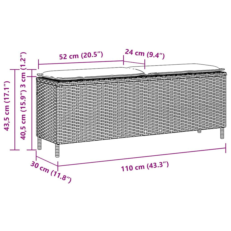 vidaXL Garden Bench with Cushion Black 110x30x40.5 cm Poly Rattan