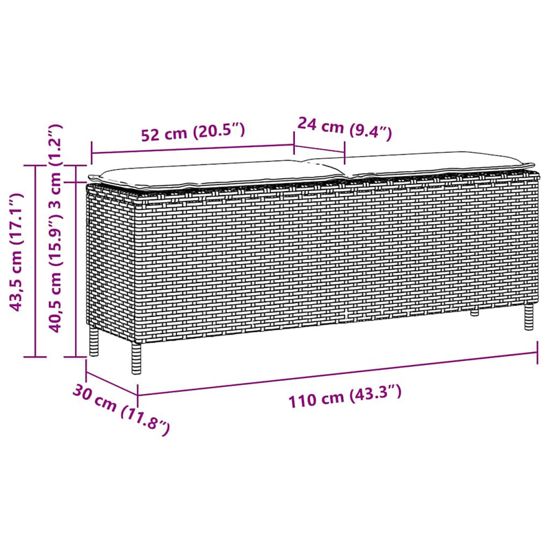 vidaXL Garden Bench with Cushion Grey 110x30x40.5 cm Poly Rattan
