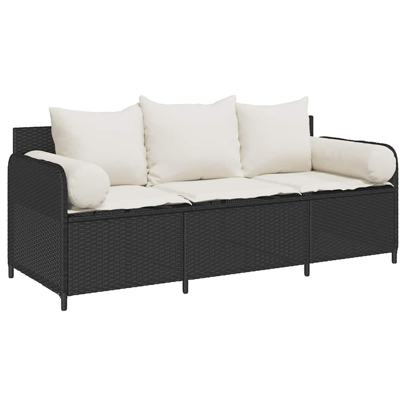 Garden Sofa with Cushions 3-Seater Black Poly Rattan