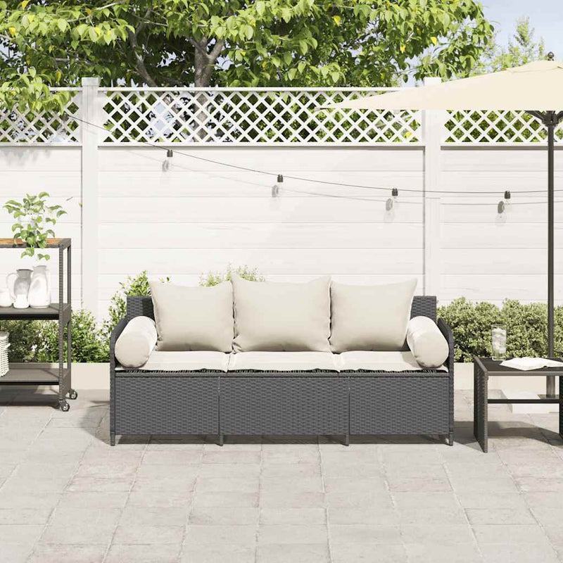 Garden Sofa with Cushions 3-Seater Black Poly Rattan