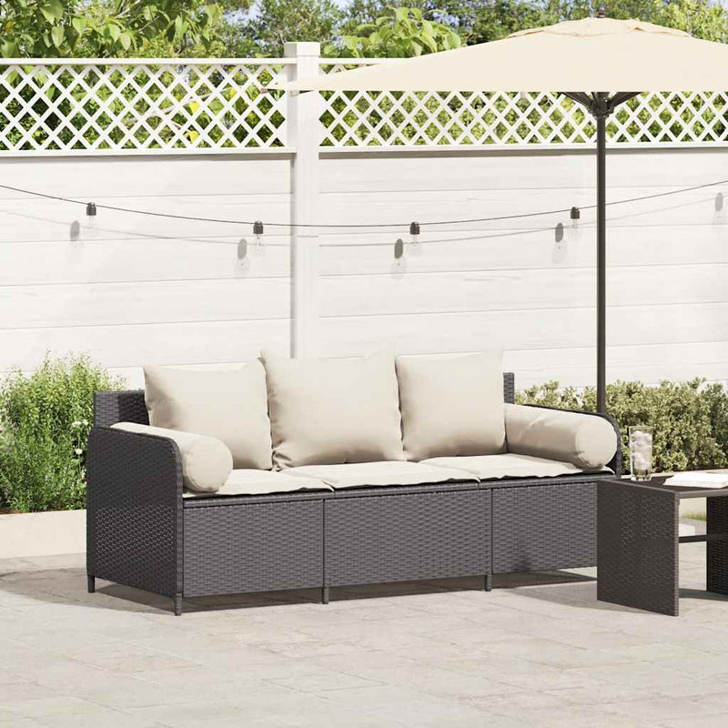 Garden Sofa with Cushions 3-Seater Black Poly Rattan