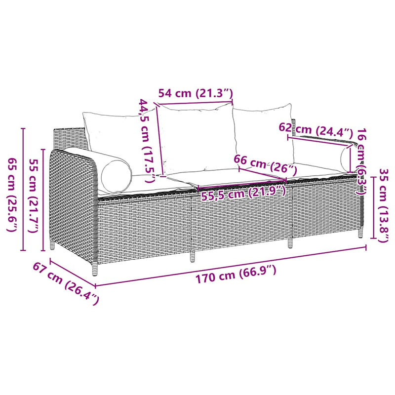 Garden Sofa with Cushions 3-Seater Grey Poly Rattan