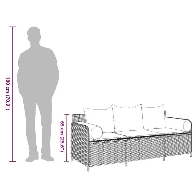 vidaXL Garden Sofa with Cushions 3-Seater Grey Poly Rattan